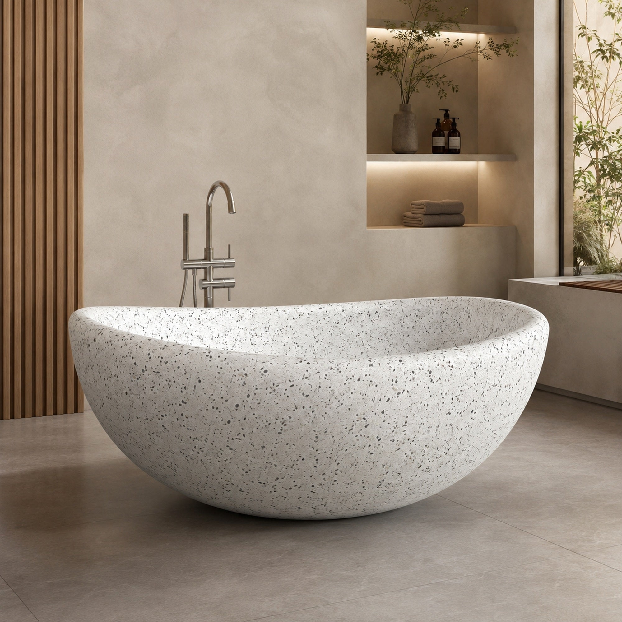 Lunara Alba White Terrazzo round freestanding soaking bathtub in a calm minimalist spa bathroom, second lifestyle scene