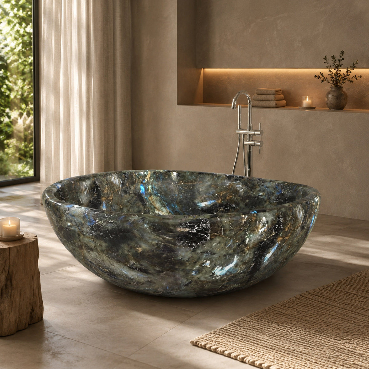 Lunara Celestia Blue Quartzite round freestanding soaking bathtub in a softly lit modern spa bathroom, second lifestyle scene