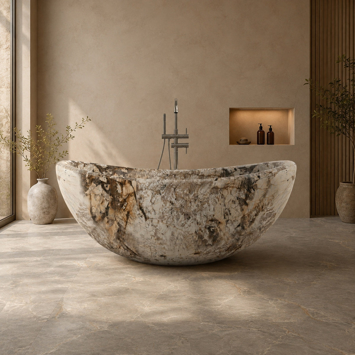 Lunara Pandora Blanc Quartzite round freestanding soaking bathtub in a serene sunlit luxury bathroom, second lifestyle scene