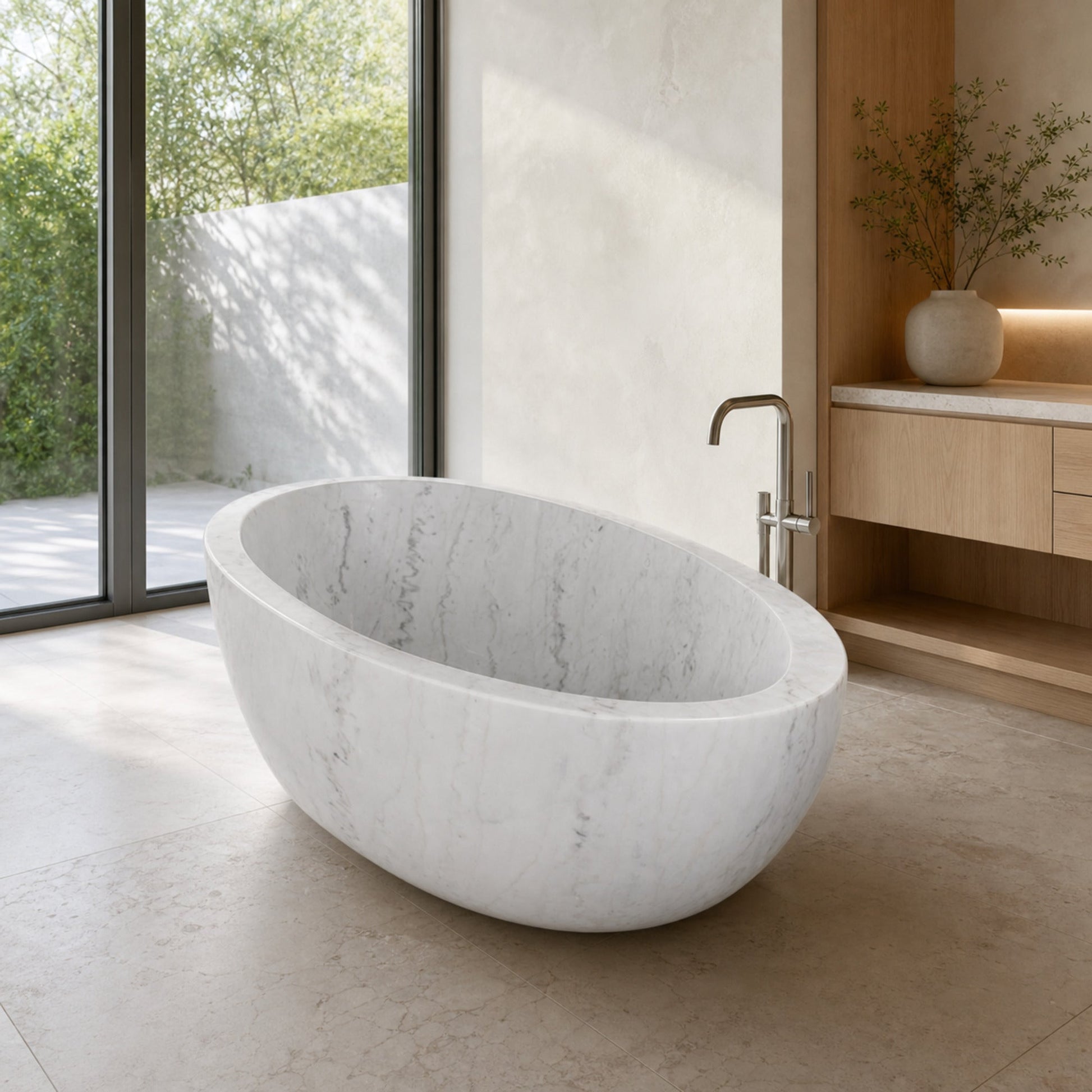 Mira BT-031A Ivory Cloud Marble deep oval soaking bathtub in a bright luxury bathroom styled visualization