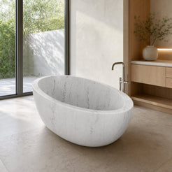 Mira BT-031A Ivory Cloud Marble deep oval soaking bathtub in a bright luxury bathroom styled visualization
