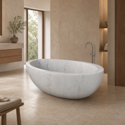 Mira Ivory Cloud Marble deep oval bathtub in a warm limestone bathroom styled visualization