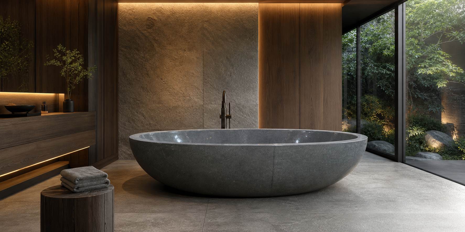 Nerida Natural Blue-Gray Granite soaking bathtub in a boutique hotel spa, styled visualization
