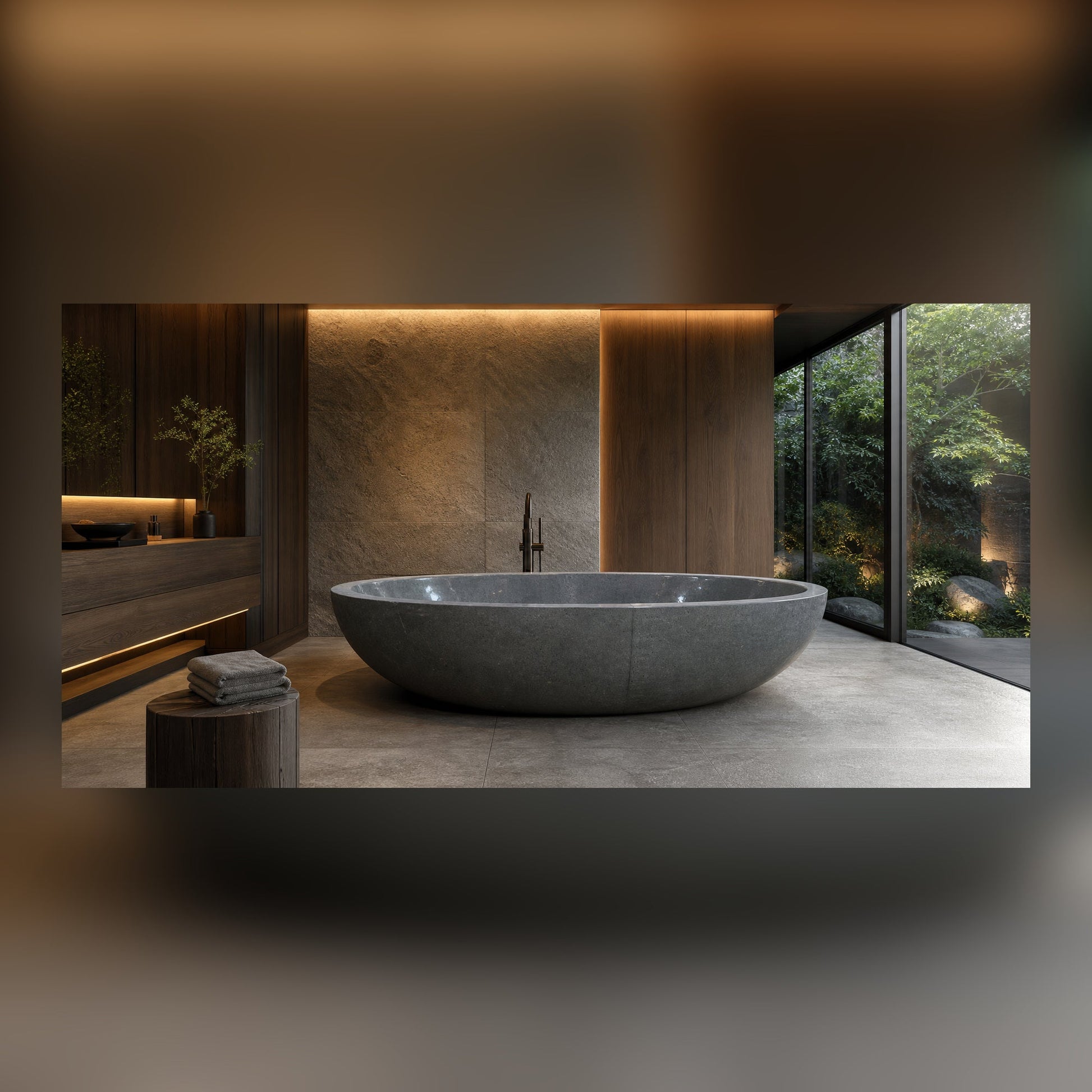 Nerida Blue-Gray Granite soaking bathtub in a luxury hospitality spa, styled visualization