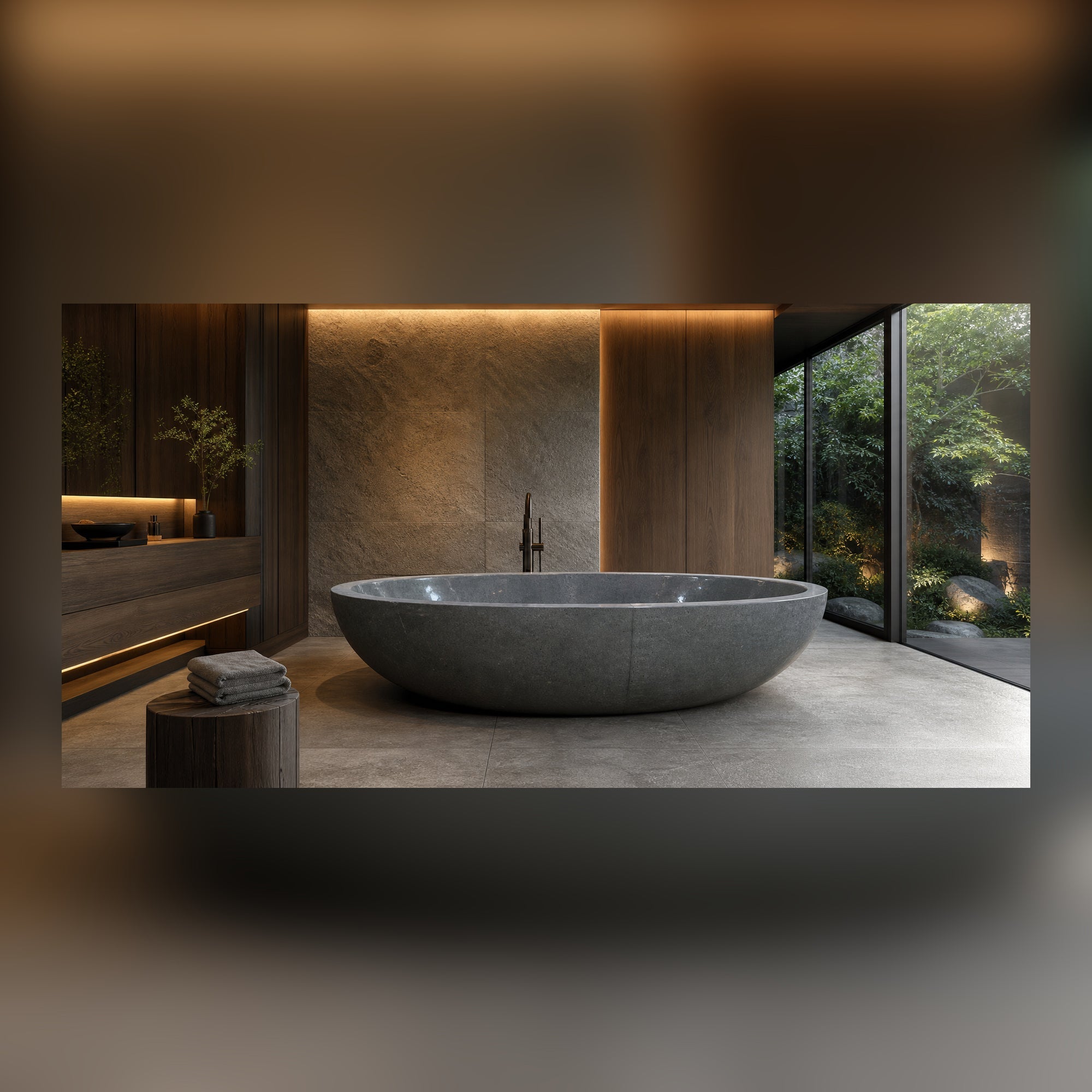 Nerida Blue-Gray Granite soaking bathtub in a luxury hospitality spa, styled visualization