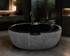 Noctira Absolute Black Granite bathtub in a dramatic contemporary bathroom, styled visualization