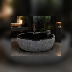 Noctira Absolute Black Granite soaking bathtub in a luxury hospitality spa, styled visualization