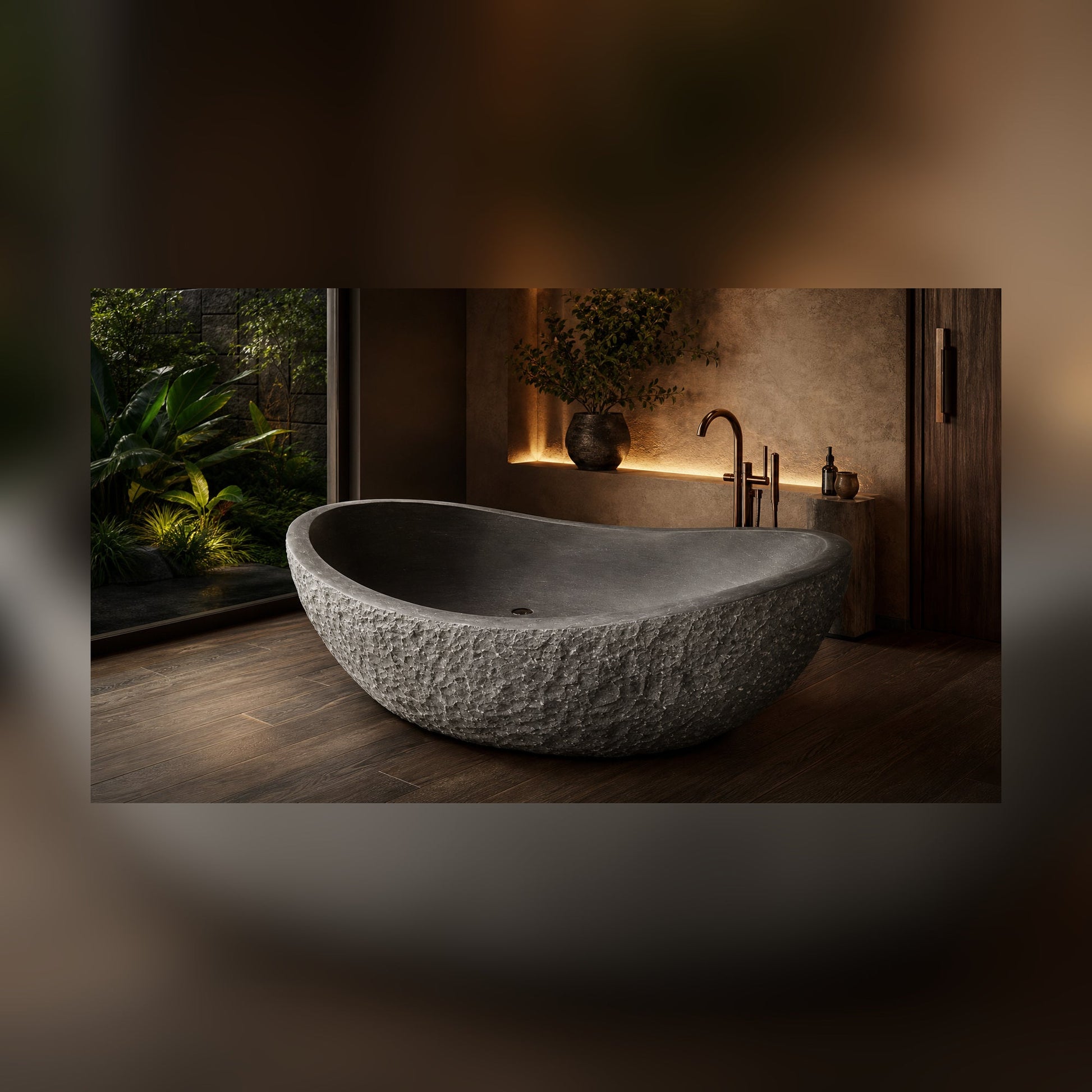 Noira Natural Black Granite soaking bathtub in a luxury hospitality spa, styled visualization
