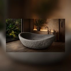 Noira Natural Black Granite soaking bathtub in a luxury hospitality spa, styled visualization
