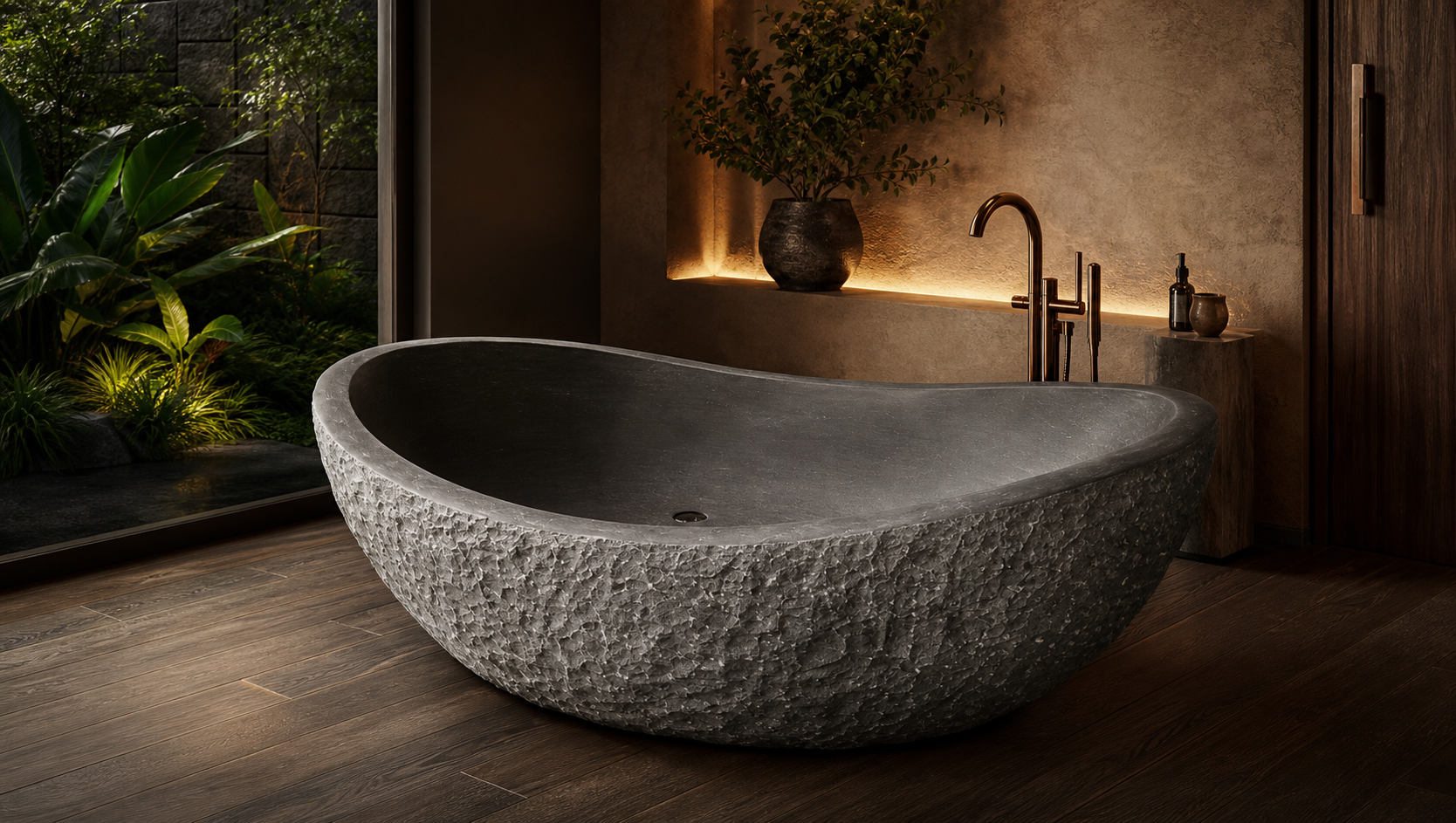 Noira Natural Black Granite sculptural bathtub in a private wellness spa, styled visualization