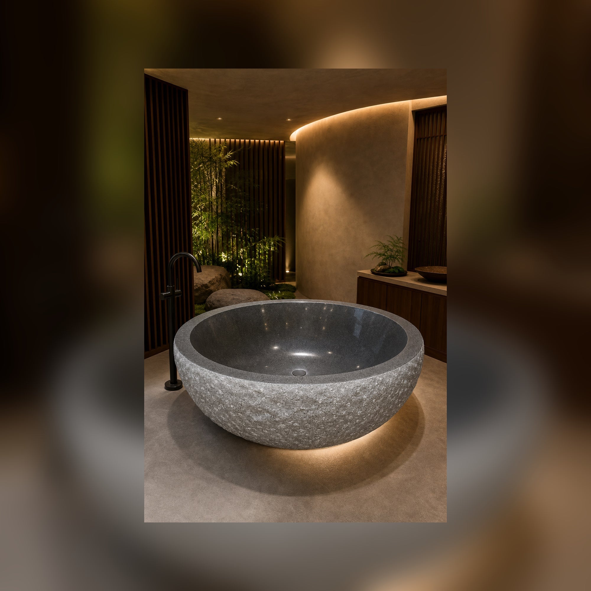 Oria round Charcoal Mist Granite soaking bathtub in a luxury hospitality spa, styled visualization