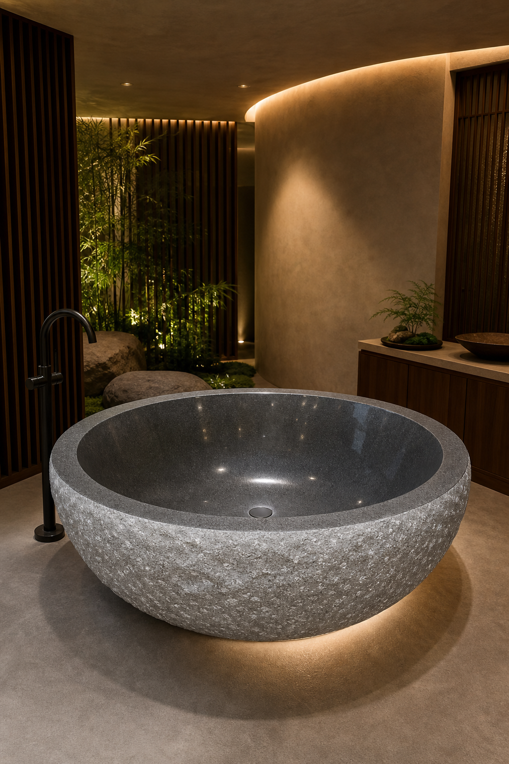 Oria circular G654 Gray Granite soaking bathtub in a luxury wellness spa, styled visualization