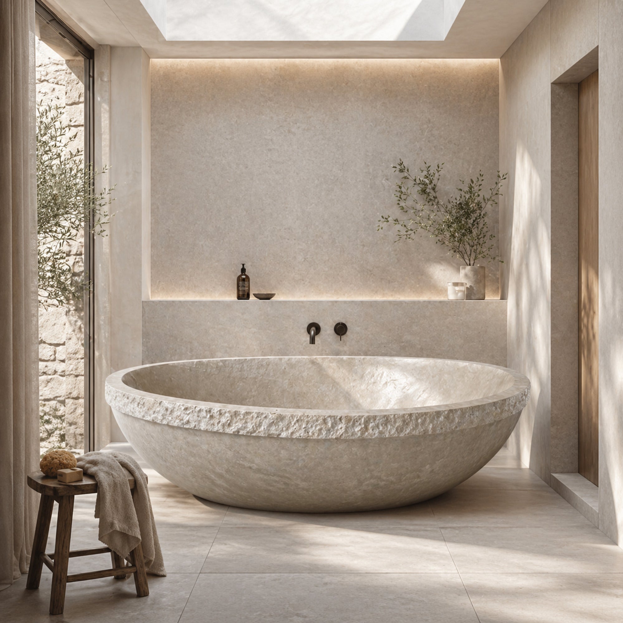 RHEA Round Travertine freestanding soaking bathtub with a natural textured outer band, styled product visualization