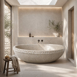 RHEA Round Travertine freestanding soaking bathtub with a natural textured outer band, styled product visualization