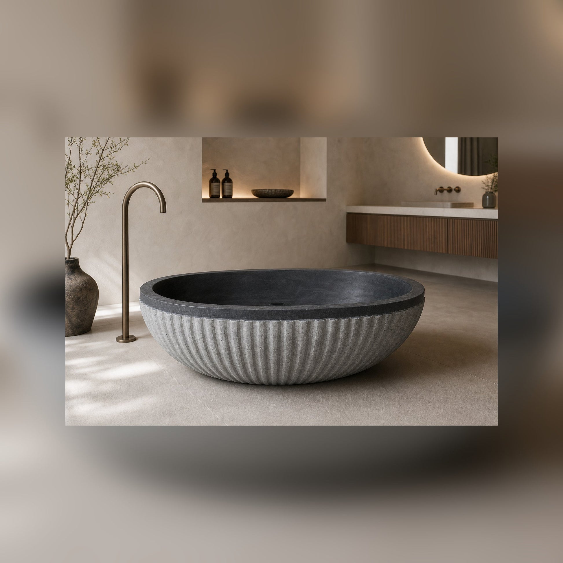 Rivelle fluted Midnight Black Granite soaking bathtub in a luxury hospitality spa, styled visualization