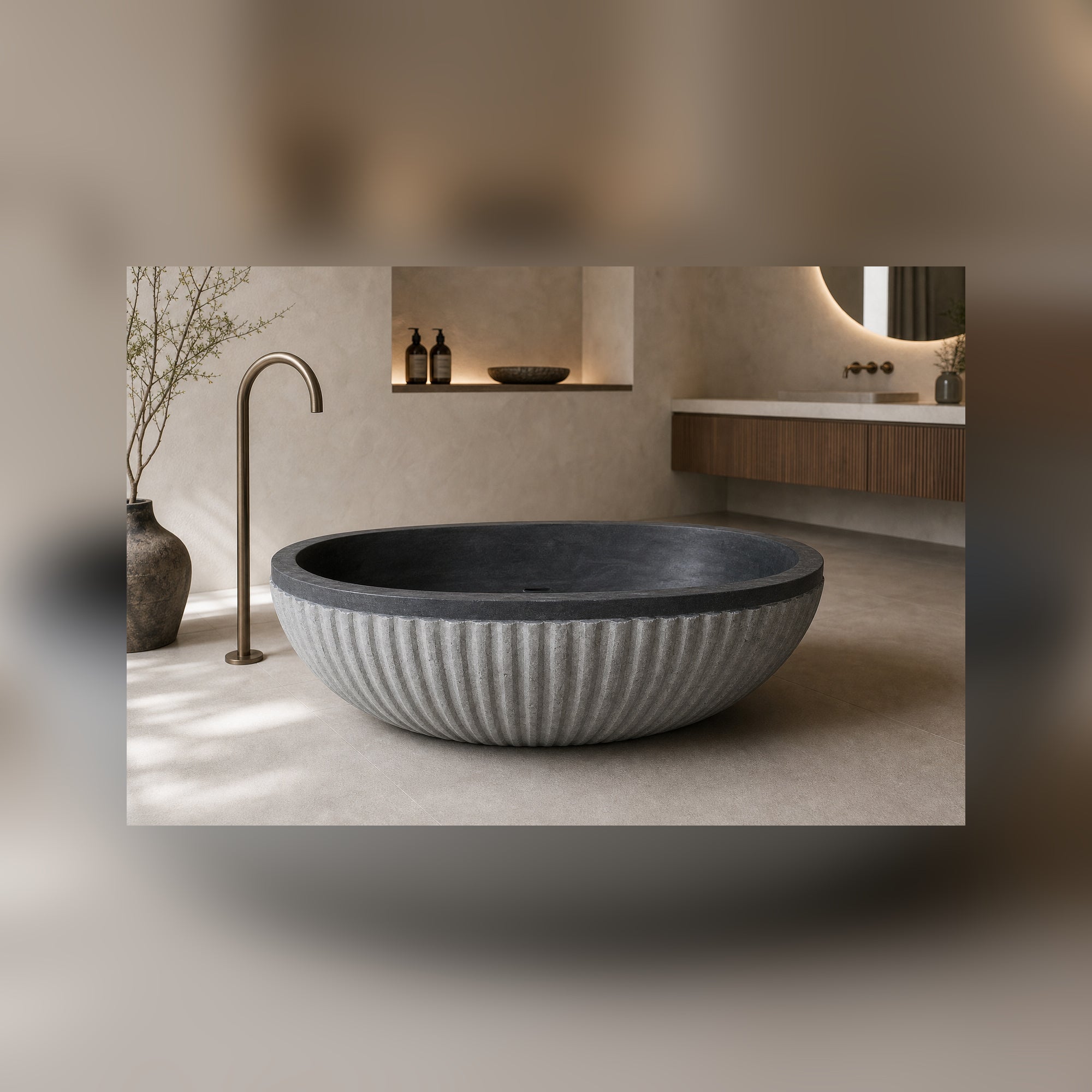 Rivelle fluted Black Granite soaking bathtub in a luxury hospitality spa, styled visualization