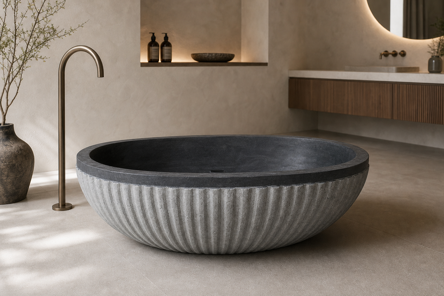Rivelle fluted black granite soaking bathtub in a contemporary bathroom, styled visualization