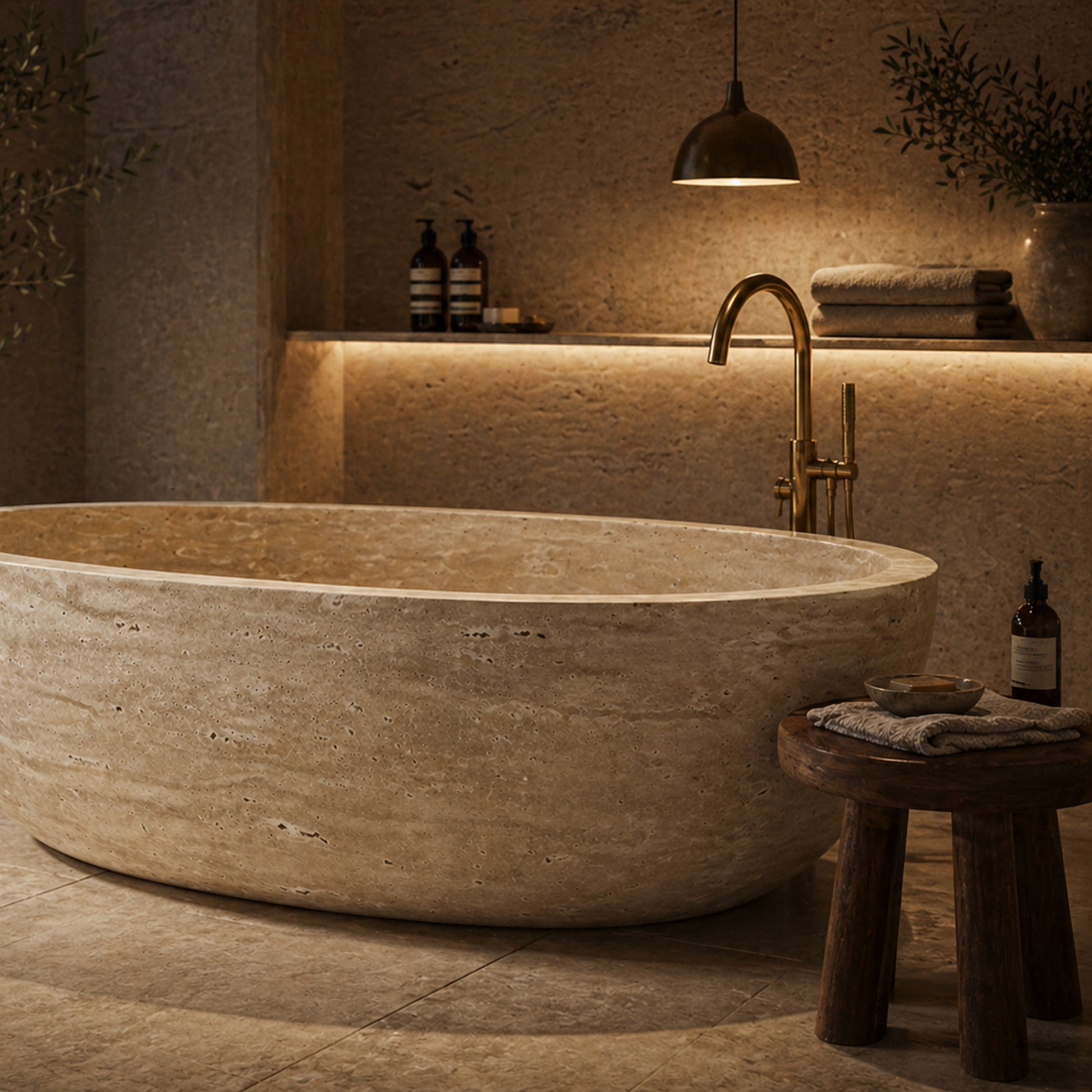 ROMA Roman Travertine bathtub in a warm luxury bathroom, styled visualization