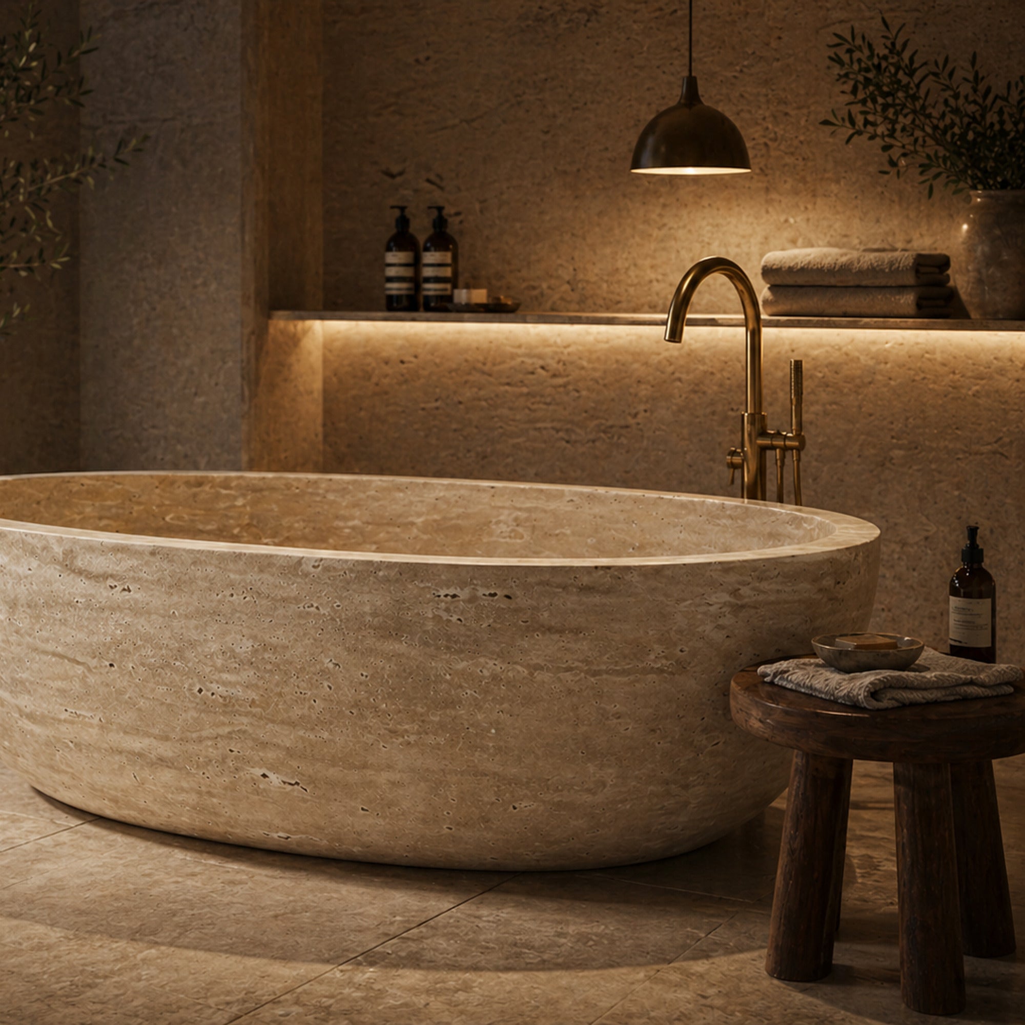 ROMA Roman Travertine bathtub in a warm luxury bathroom, styled visualization