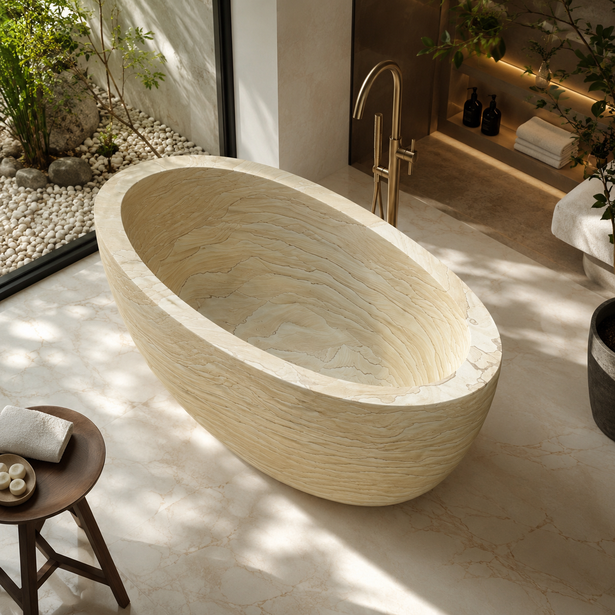 Sahira BT-085A Natural Sandstone raised-end oval bathtub in a bright wellness bathroom, elevated oblique lifestyle view