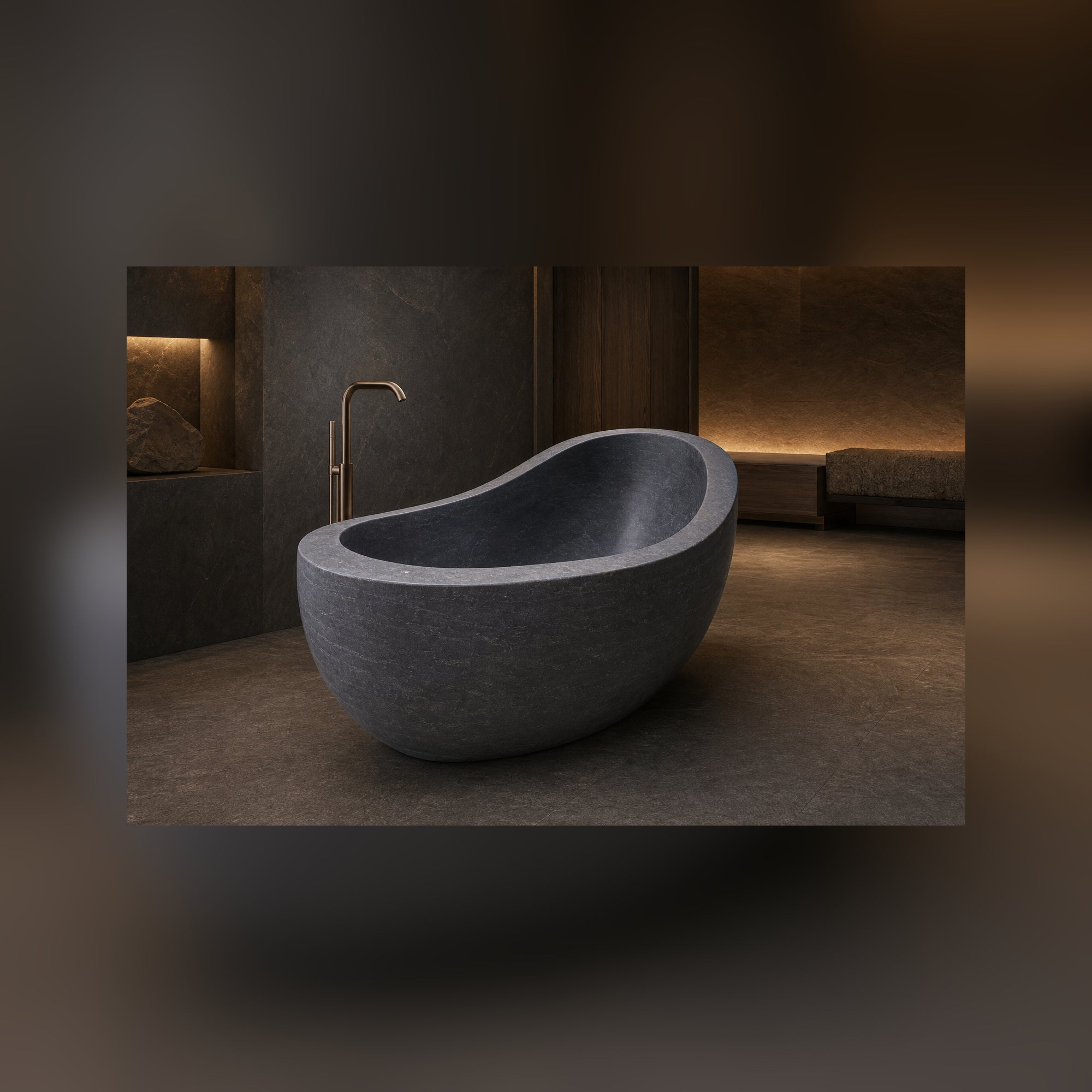 Selene Blue-Gray Granite soaking bathtub in a luxury hospitality spa, styled visualization
