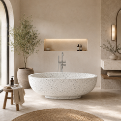 Selvara BT-134A alba-white-terrazzo freestanding soaking bathtub in a soft natural-light spa and wellness bathroom
