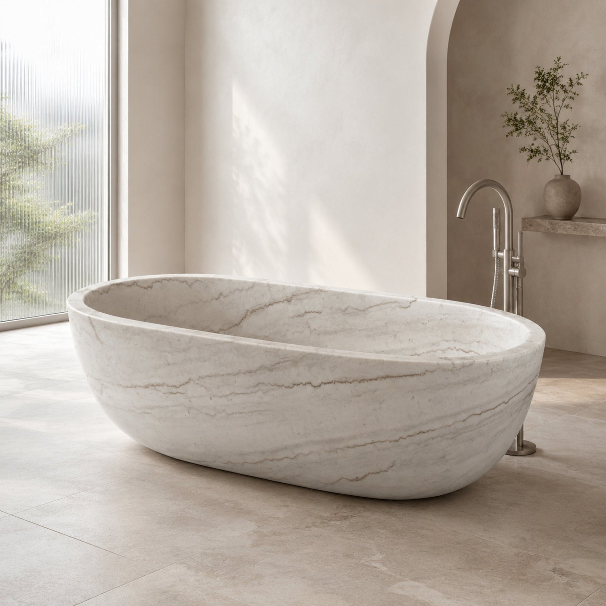 Serena Ivory Cloud Marble freestanding bathtub in a bright architectural bathroom, styled visualization