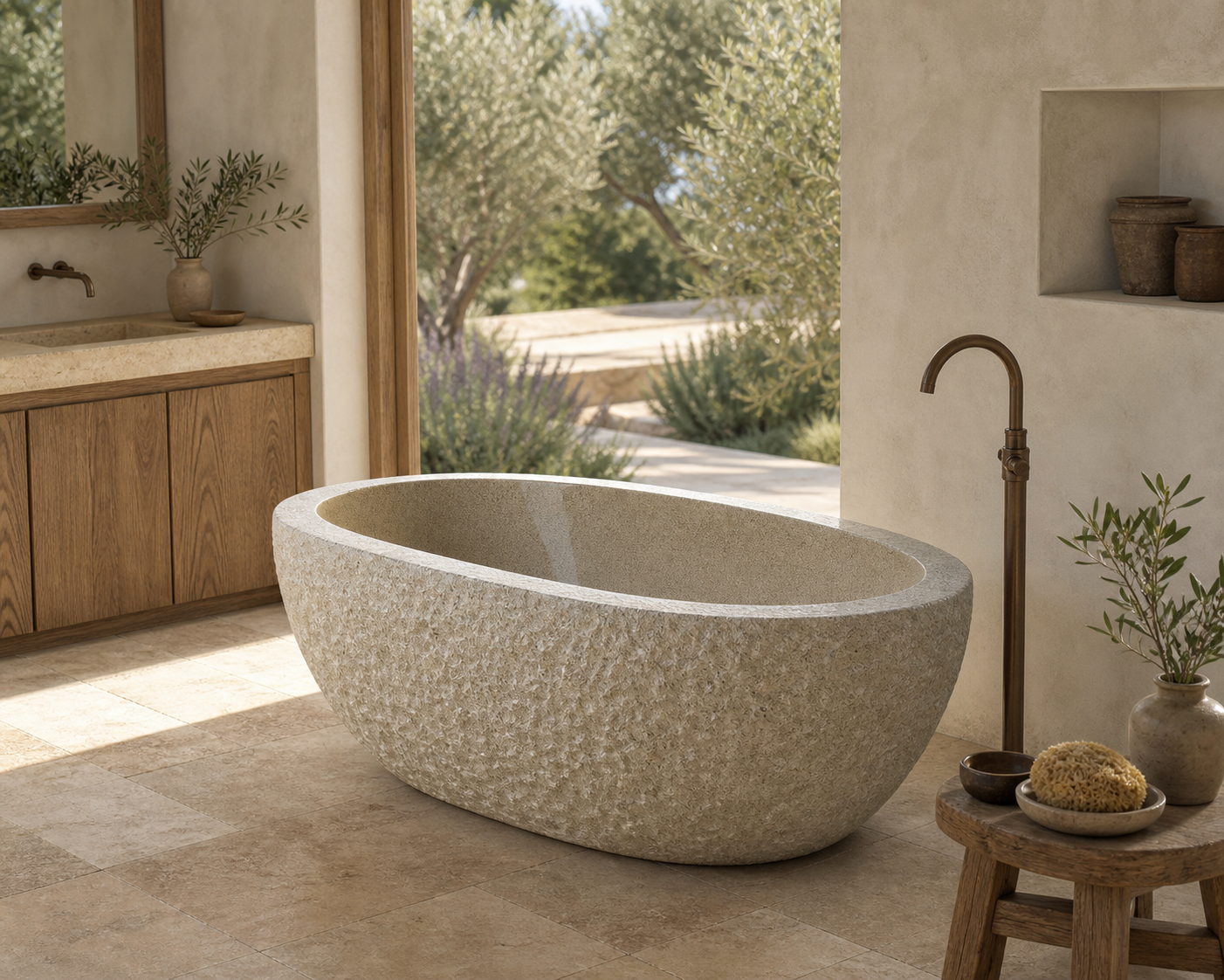 Solea G682 Rust Granite soaking bathtub in a Mediterranean resort spa, styled visualization