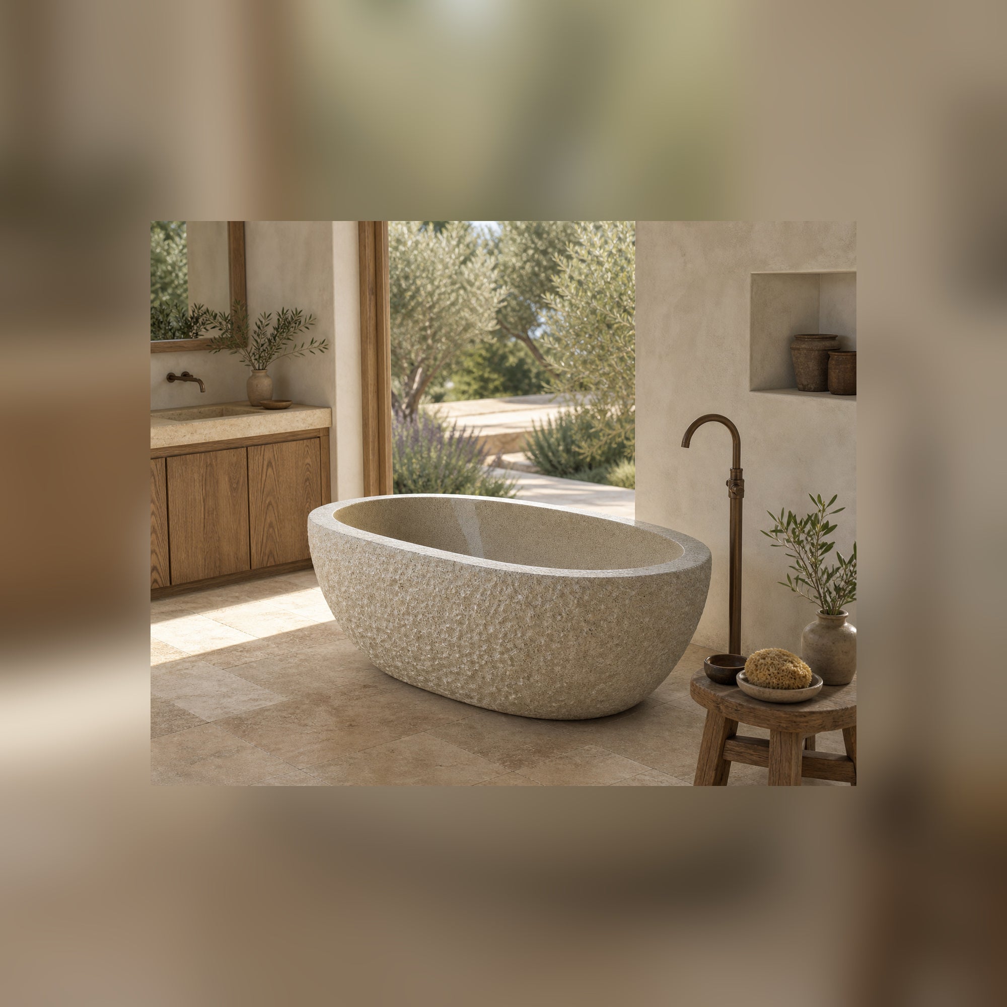 Solea Harvest Gold Granite soaking bathtub in a luxury hospitality spa, styled visualization