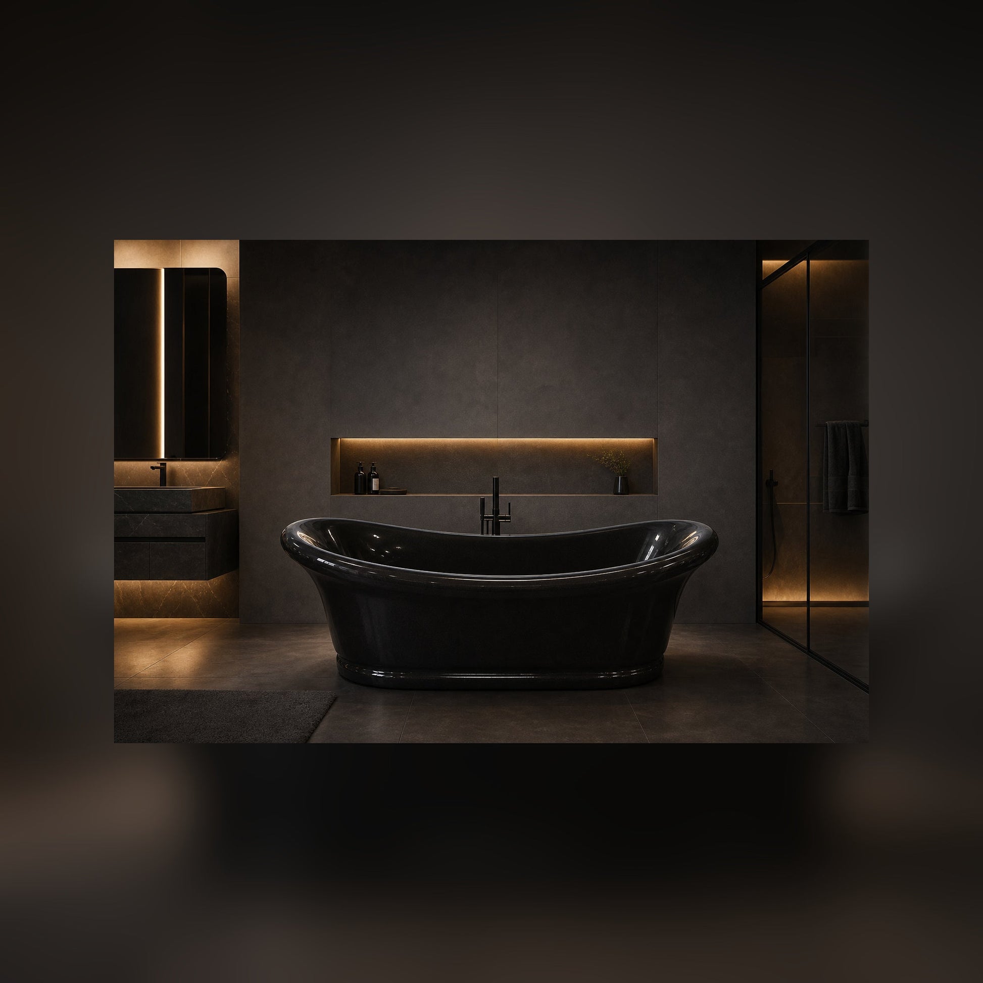 Vallora Absolute Black Granite soaking bathtub in a luxury hospitality spa, styled visualization