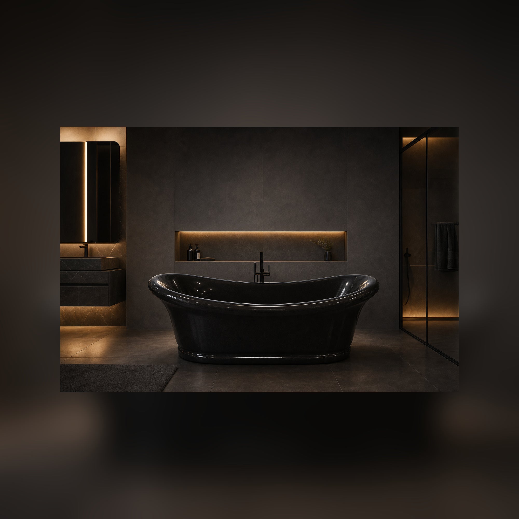 Vallora Absolute Black Granite soaking bathtub in a luxury hospitality spa, styled visualization