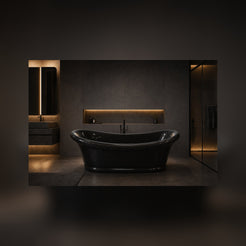 Vallora Absolute Black Granite soaking bathtub in a luxury hospitality spa, styled visualization