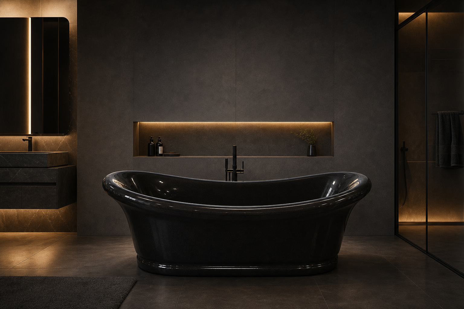 Vallora rolled-rim black granite bathtub in a dramatic contemporary bathroom, styled visualization