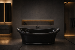 Vallora rolled-rim black granite bathtub in a dramatic contemporary bathroom, styled visualization