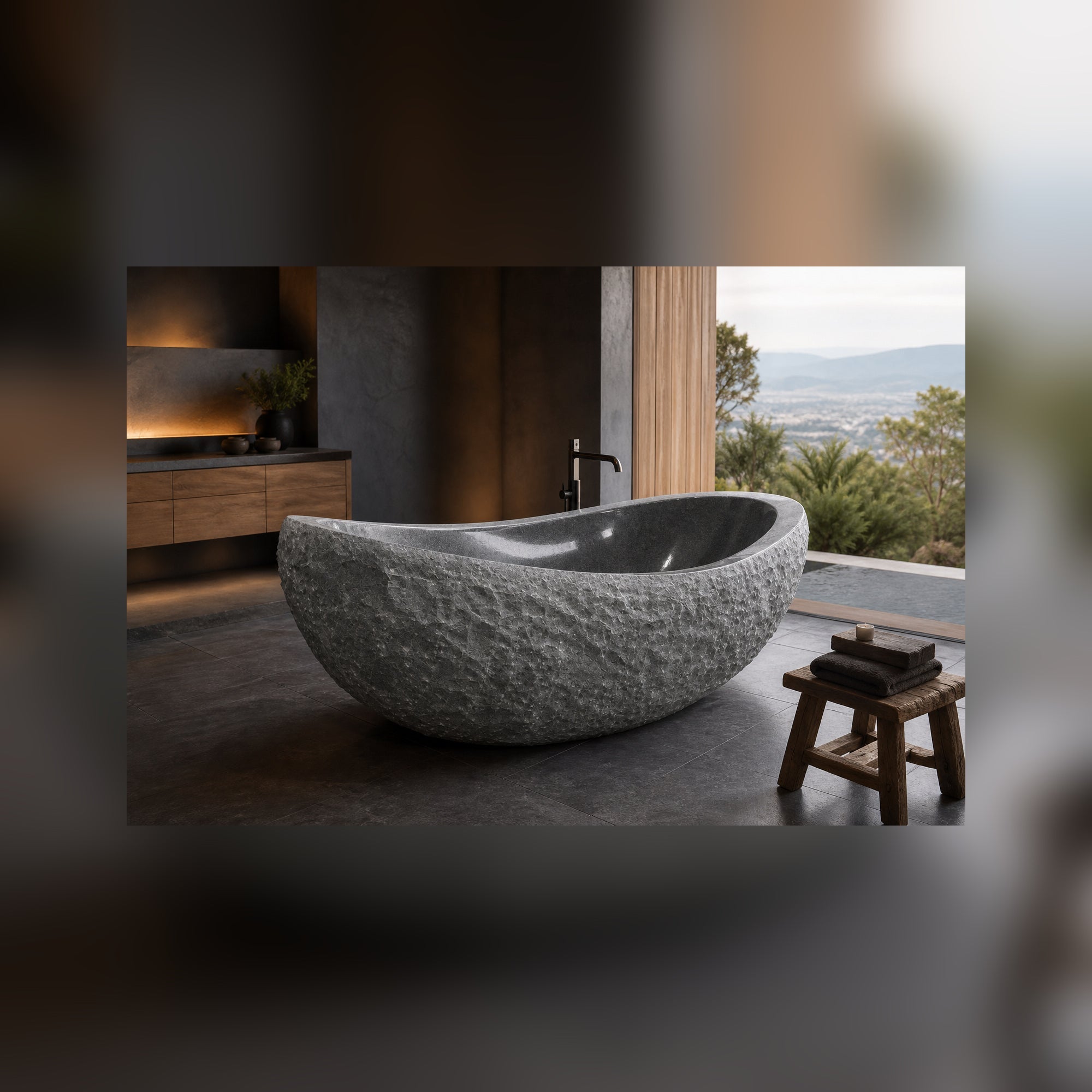 Veyra sculptural Charcoal Mist Granite soaking bathtub in a luxury hospitality spa, styled visualization