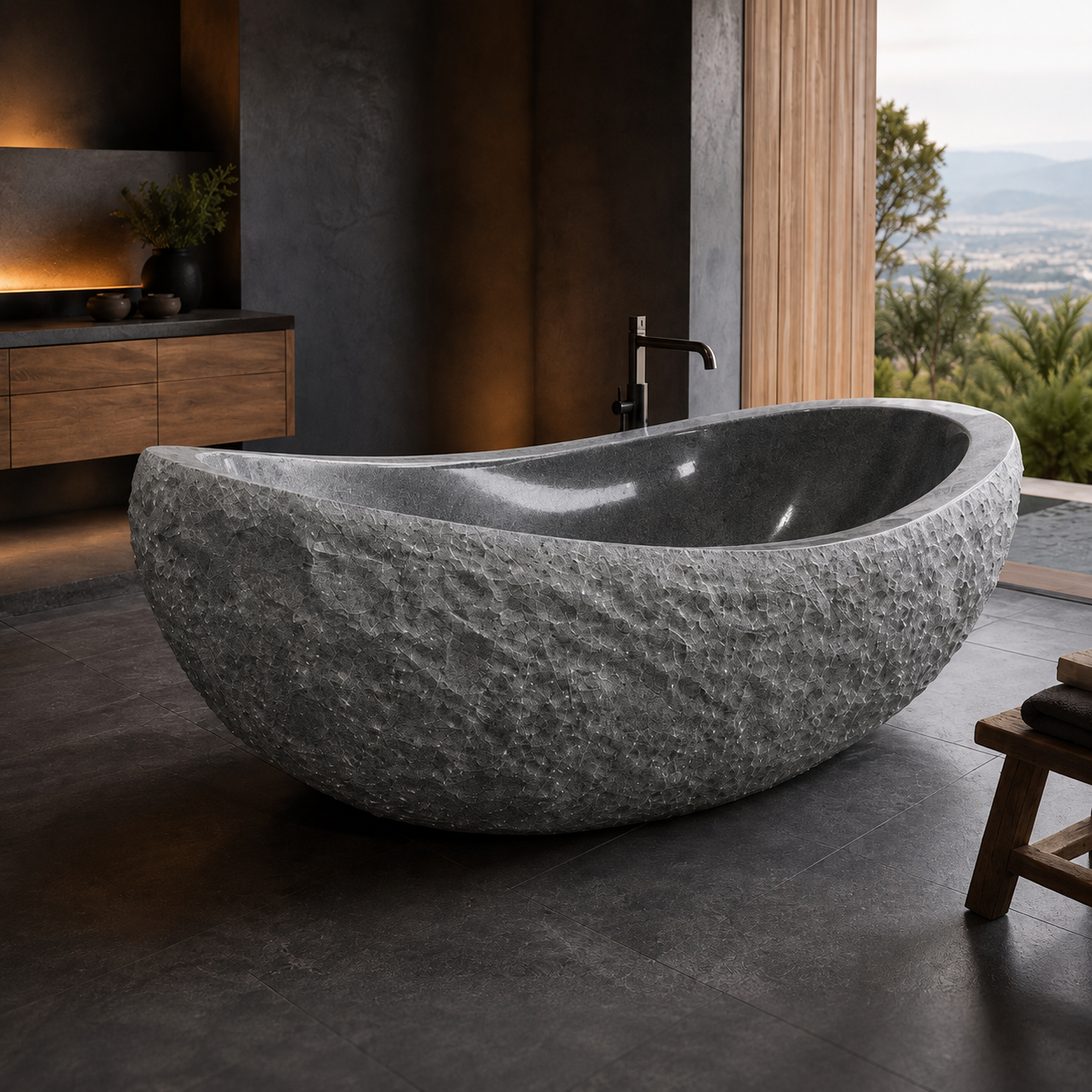 Veyra Charcoal Mist Granite freestanding bathtub in a luxury spa interior setting