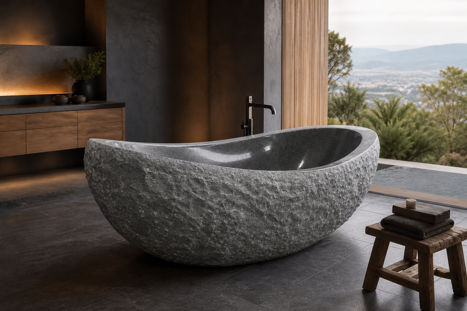 Veyra textured G654 Gray Granite bathtub in a resort spa, styled visualization