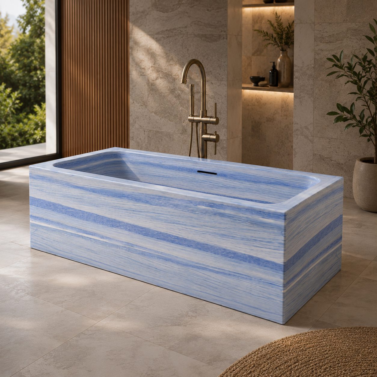 Virelle Azura Blue Quartzite rectangular freestanding soaking bathtub in a warm architectural spa bathroom, styled visualization