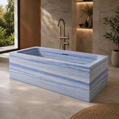Virelle Azura Blue Quartzite rectangular freestanding soaking bathtub in a warm architectural spa bathroom, styled visualization