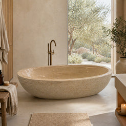 YARA Beige Travertine bathtub in a warm spa-inspired bathroom, styled visualization