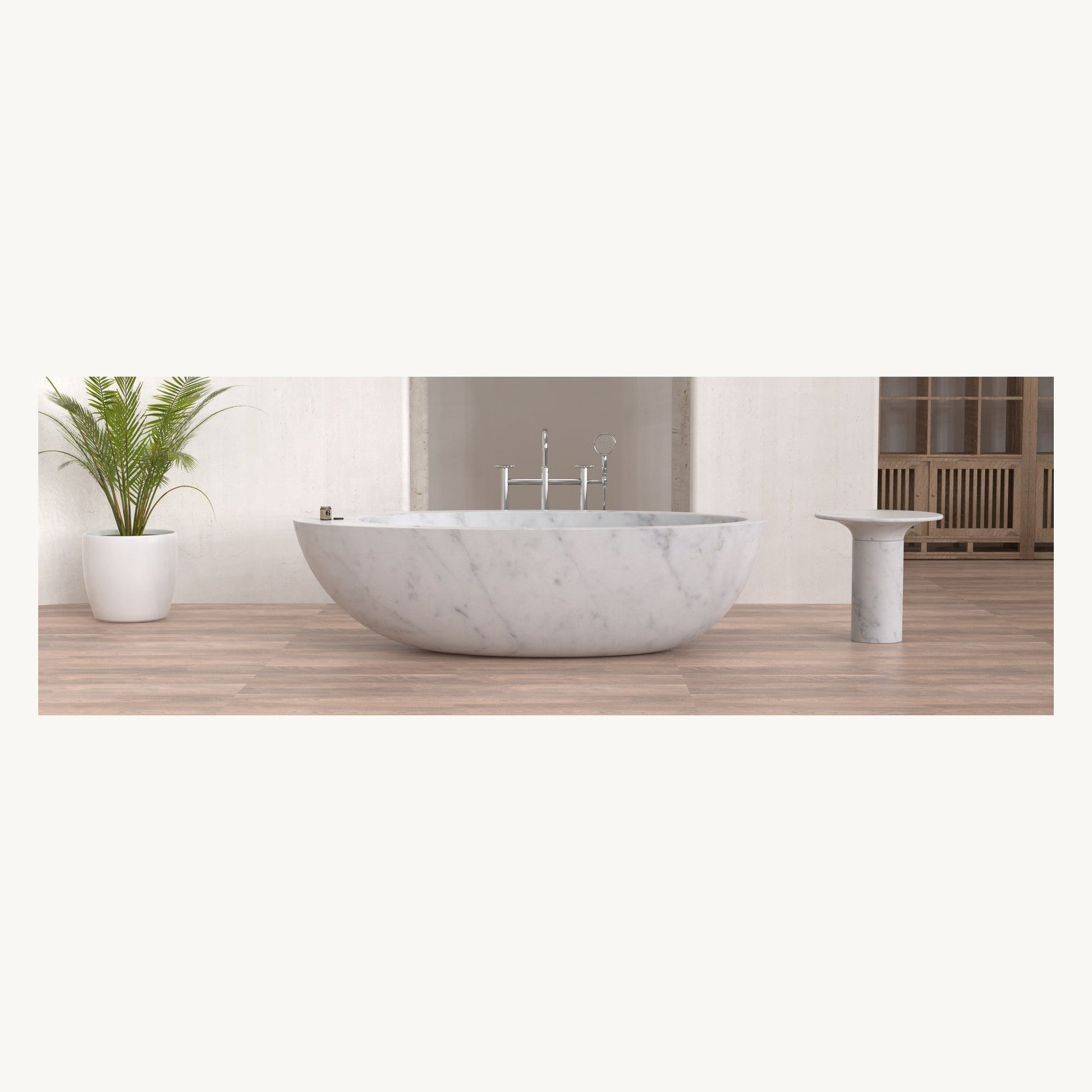 Yaris Carrara White Marble bathtub, centered front view