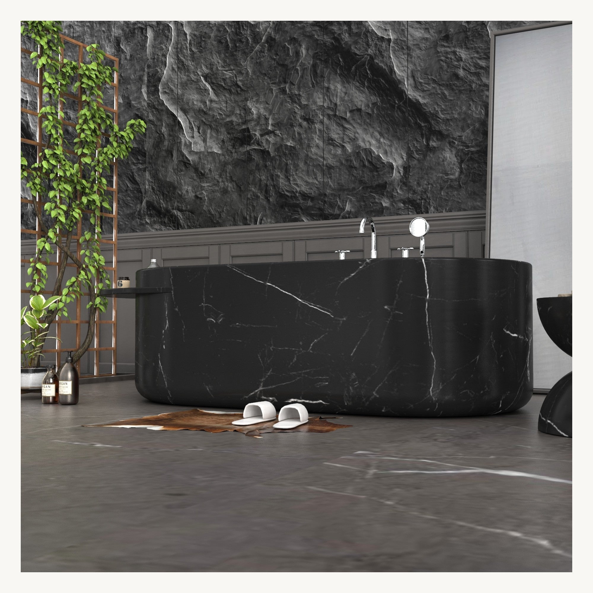 Yetta Portoro Black Marble soaking bathtub, centered front bathroom view