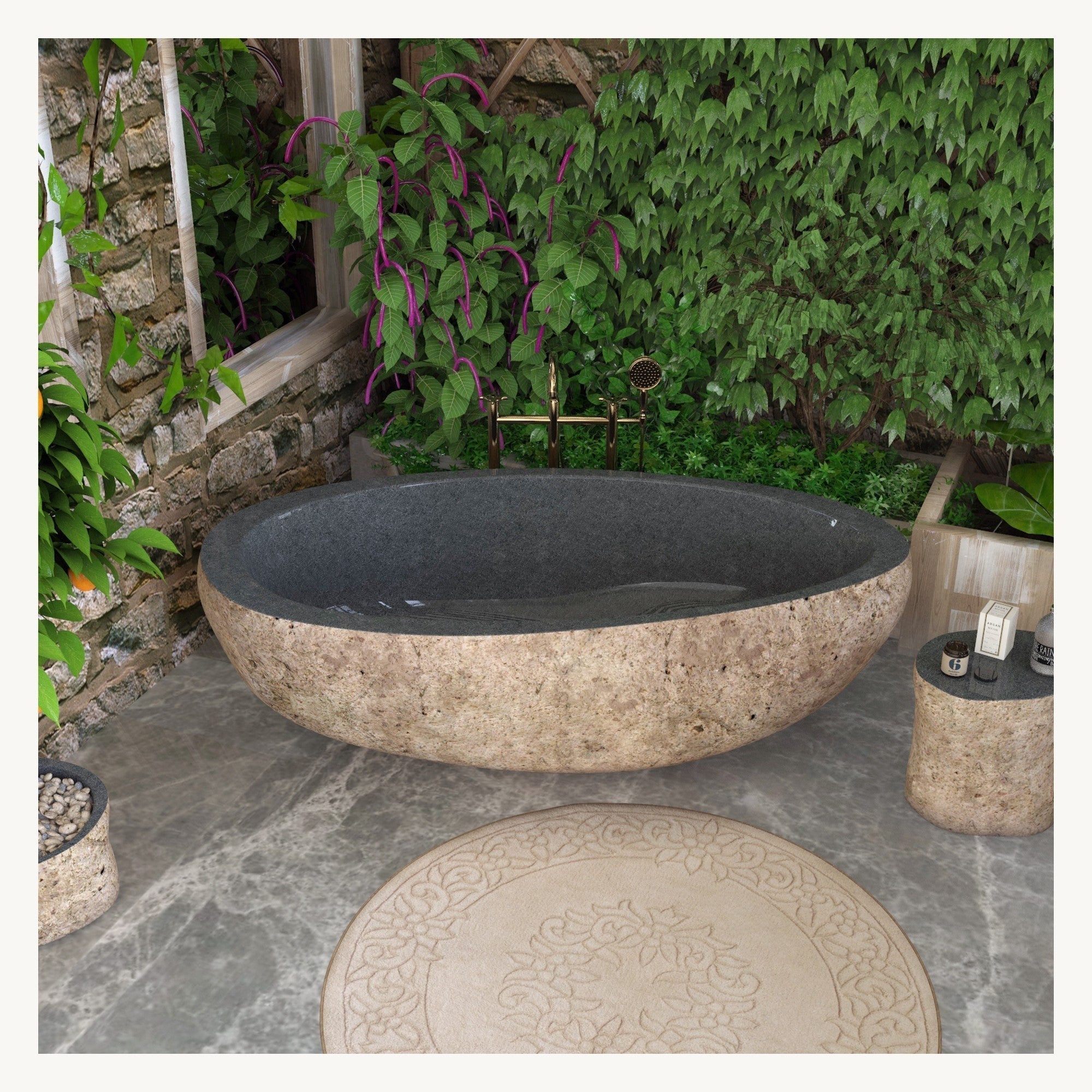 Yitta Filetto Cobble Stone Granite freestanding soaking bathtub in a styled bathroom setting