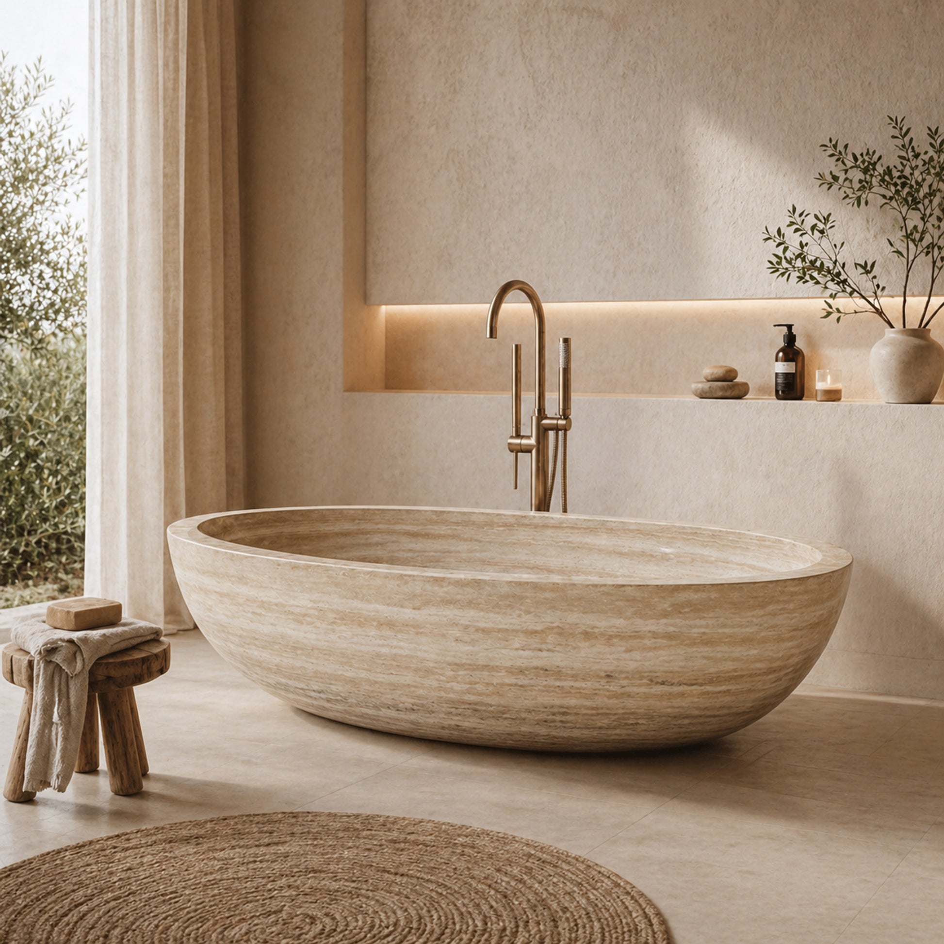 YOYO Cream Travertine freestanding soaking bathtub in a spa-inspired bathroom, styled visualization