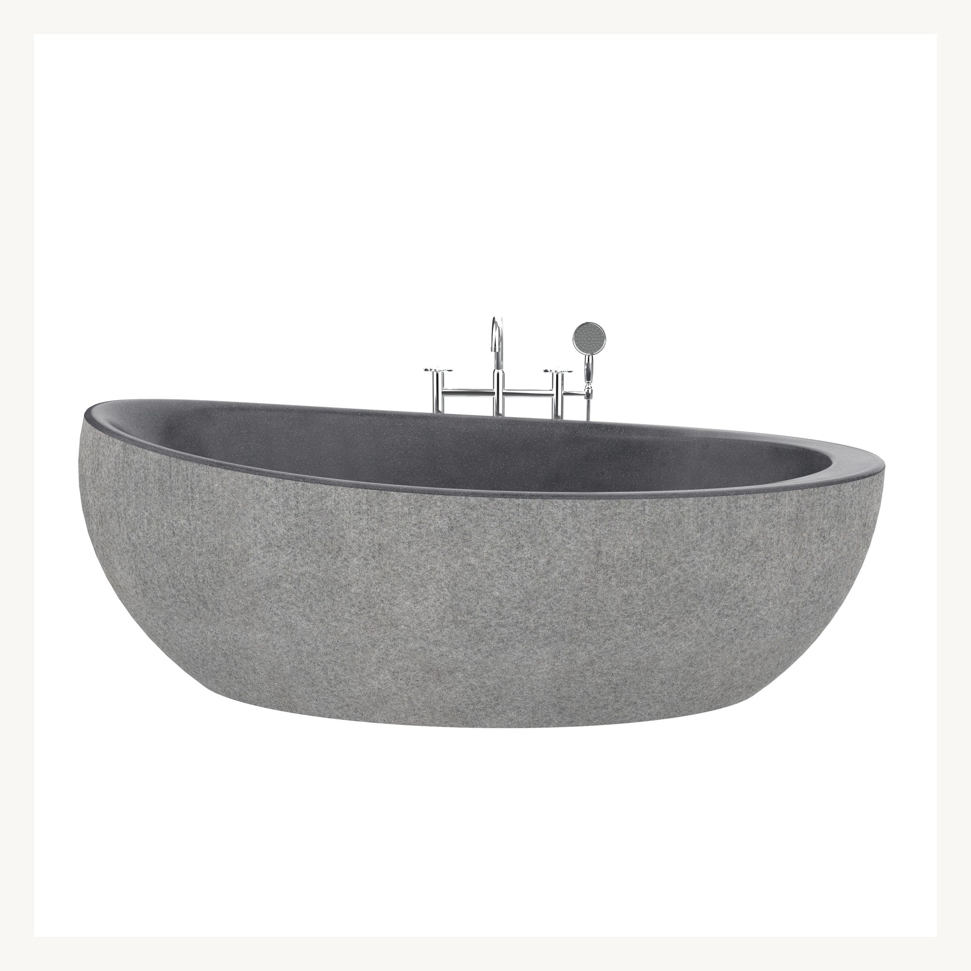 Yuka freestanding Absolute Black Granite soaking bathtub, front studio view