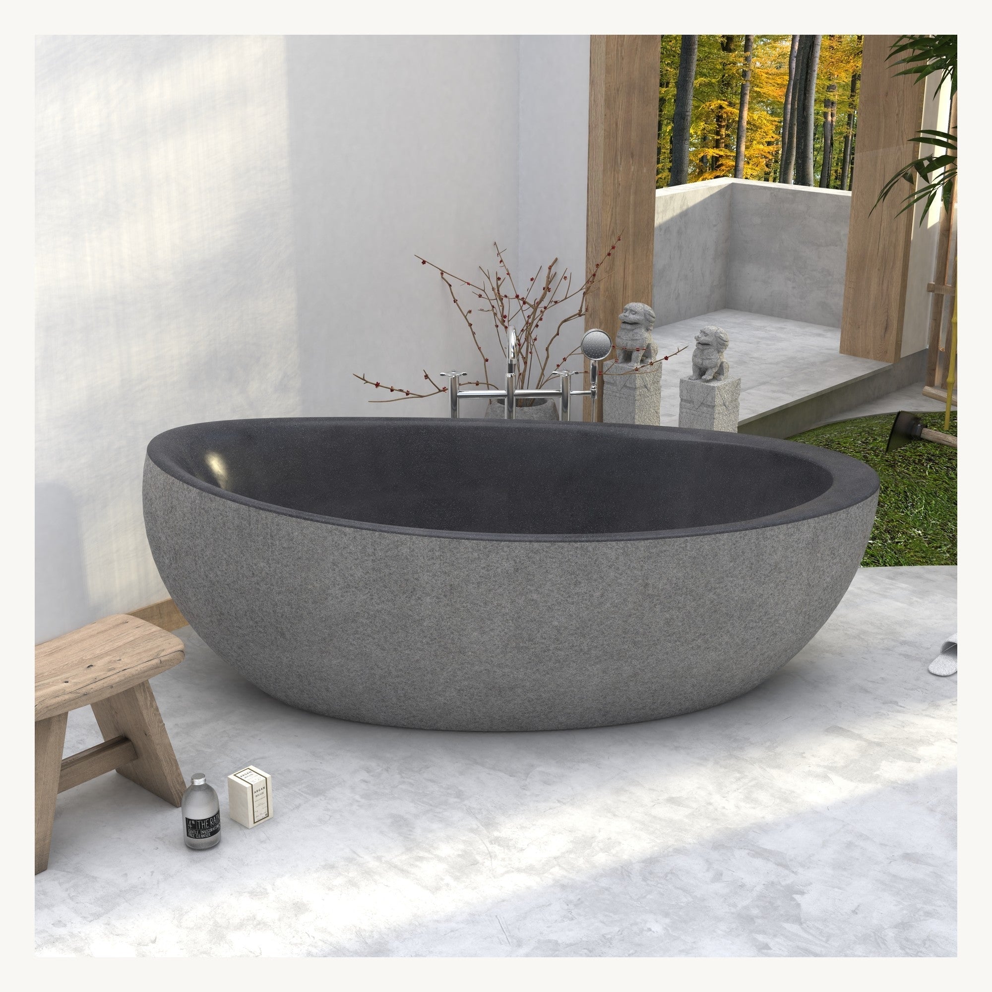 Yuka Absolute Black Granite freestanding soaking bathtub in a styled bathroom setting