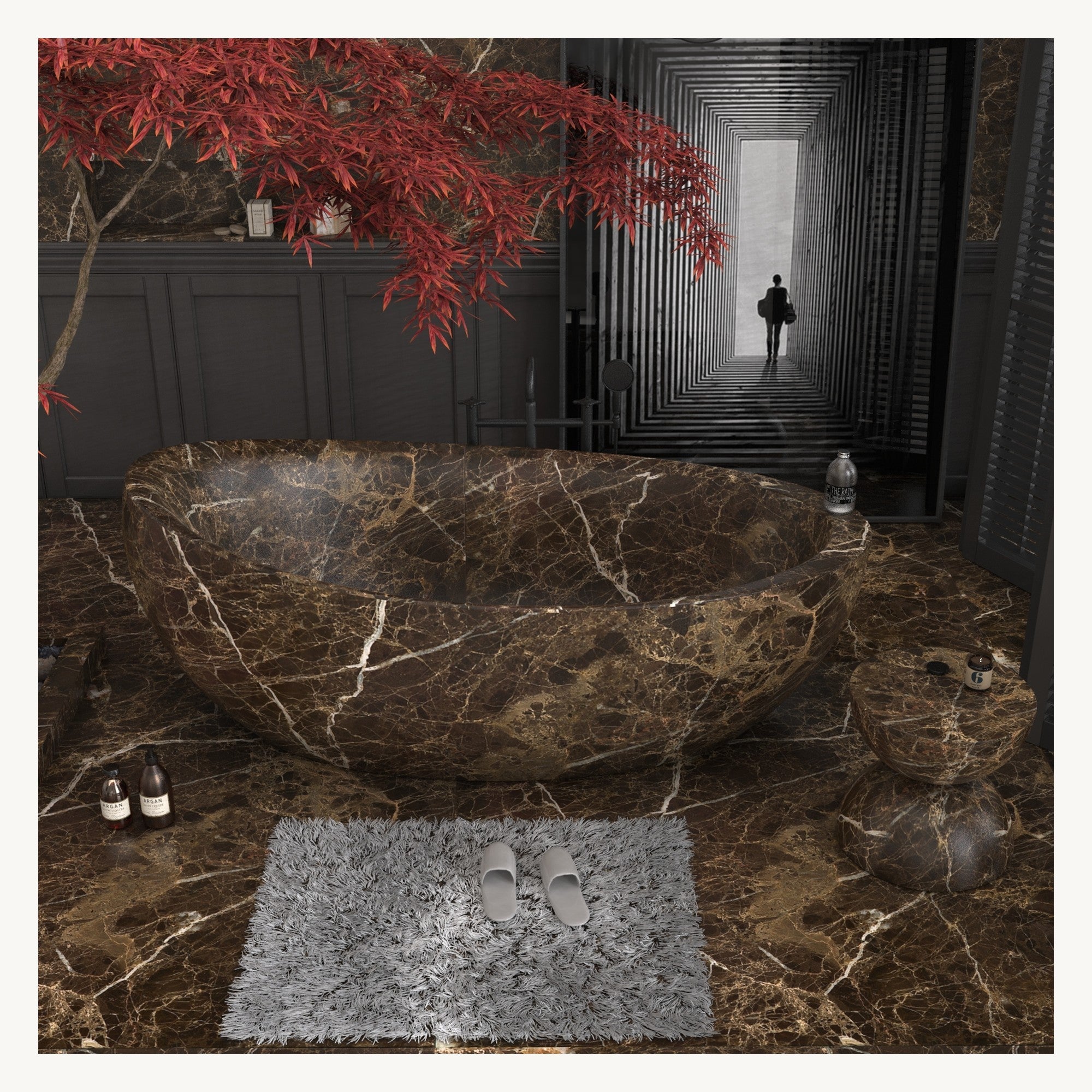 Yuka freestanding Dark Emperador Marble soaking bathtub, front bathroom view