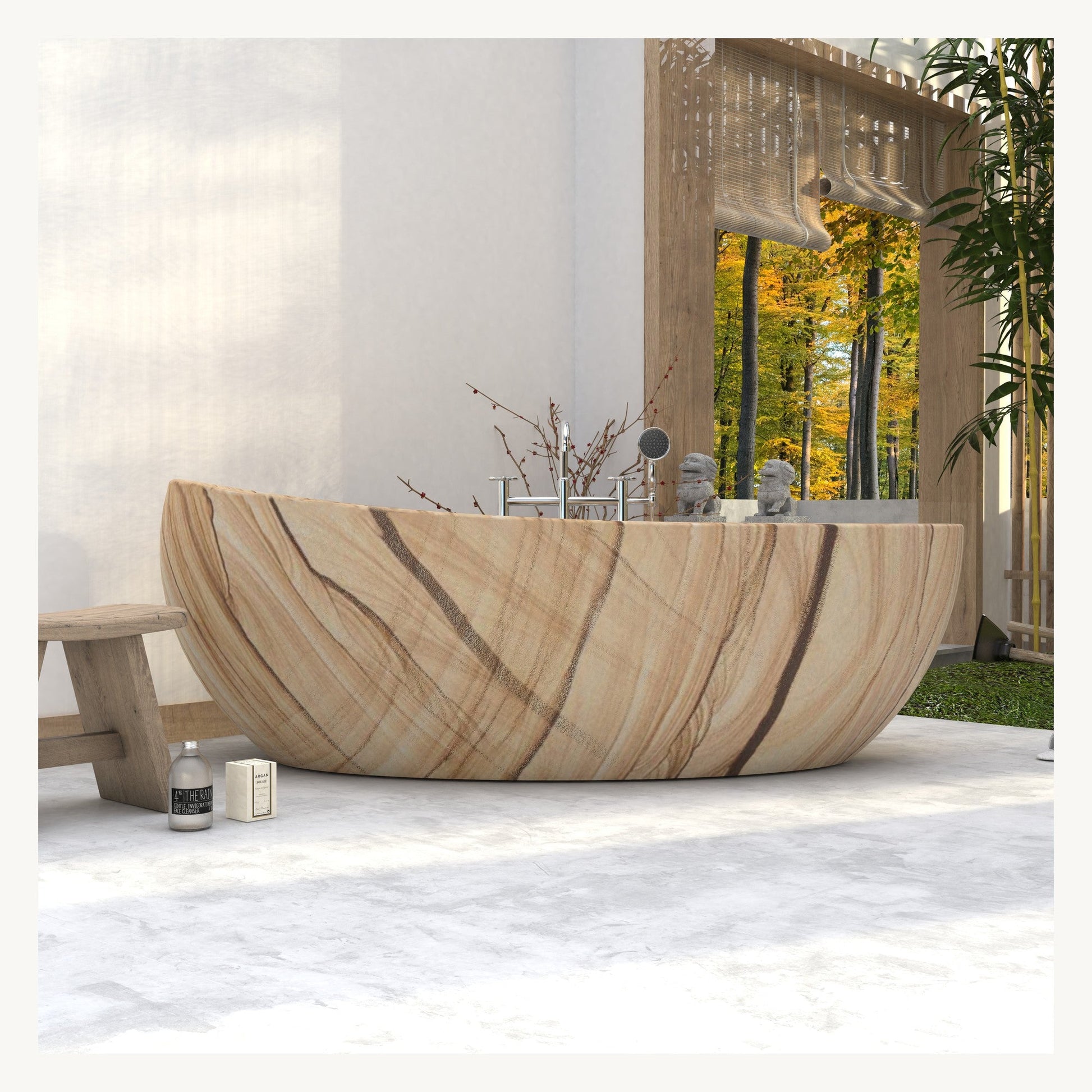 Yuka Natural Sandstone freestanding soaking bathtub, front bathroom styled visualization