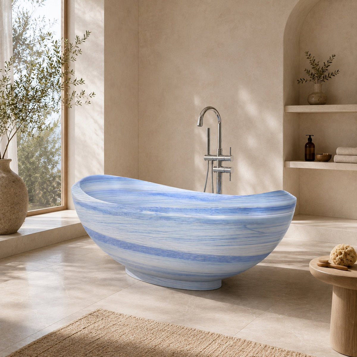 Yuna Azura Blue Quartzite freestanding bathtub in a bright spa-inspired bathroom, styled visualization