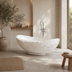 Yuna BT-032A alba-white-terrazzo freestanding soaking bathtub in a soft natural-light spa and wellness bathroom